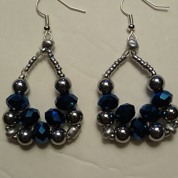 Handmade Blue & Silver Bead Hoop Earrings - Picture 2 of 3